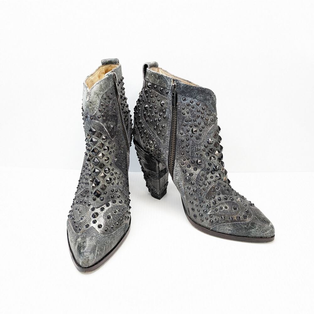 Frye Remy Deco studded high heel ankle boot Bootie sz 6.5 gunmetal  dark gray